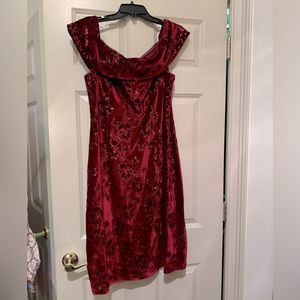 Cranberry-Colored off the Shoulder Dress with Sequins